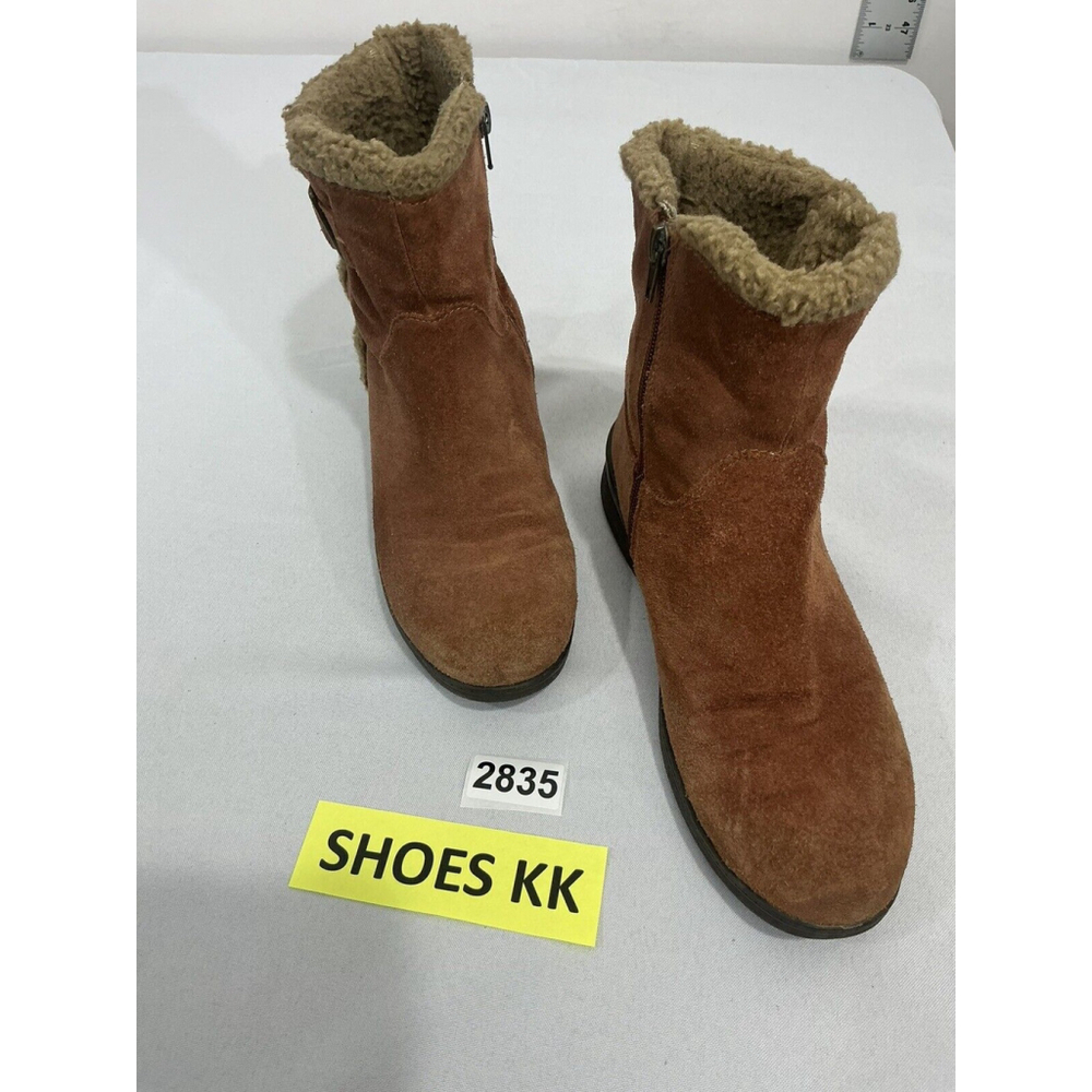 Womans Easy Spirit Size 7 Cognac Suede Lines Buckle Zip Ankle Boots